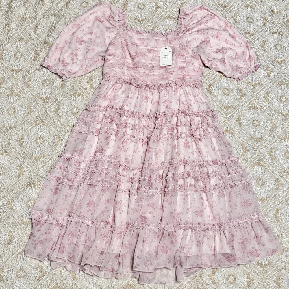 Ivy City Aniston Dress‎ 1X Midi Puff Sleeve Floral Ruffle Romantic Coquette Pink